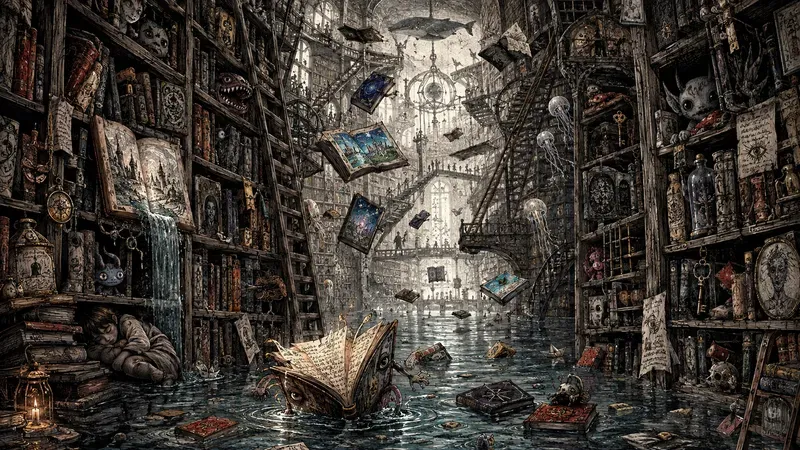 Surreal Living Books Library Ink Art