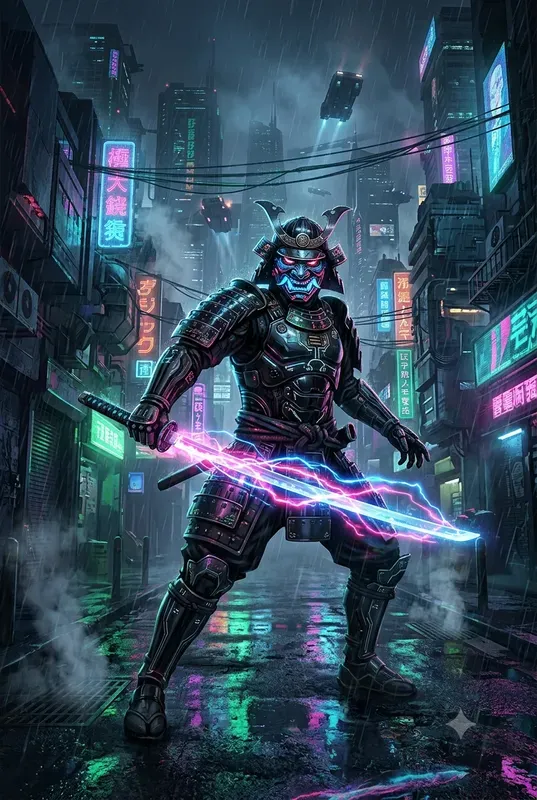Cyberpunk Neon Samurai Art