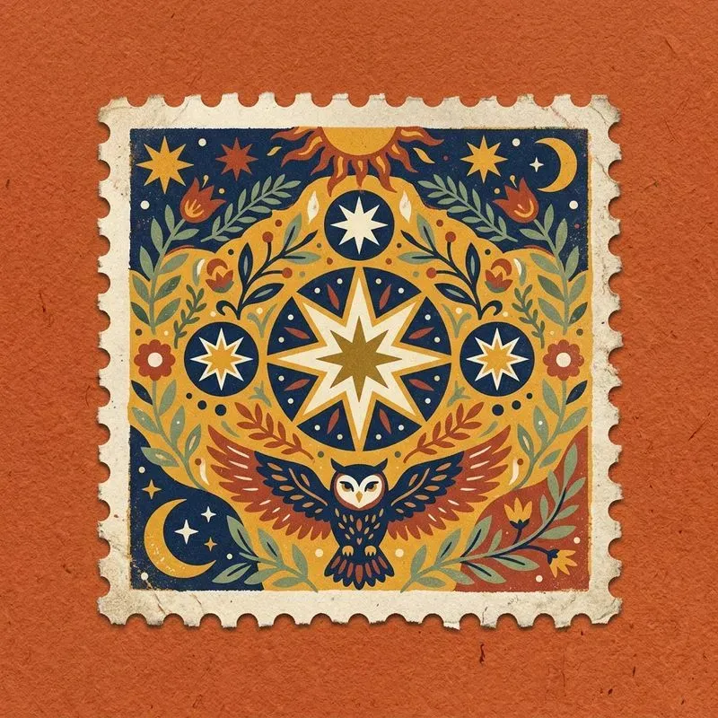 Mystic Nature Folk Art Postage Stamps