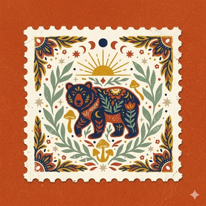 Mystic Nature Folk Art Postage Stamps