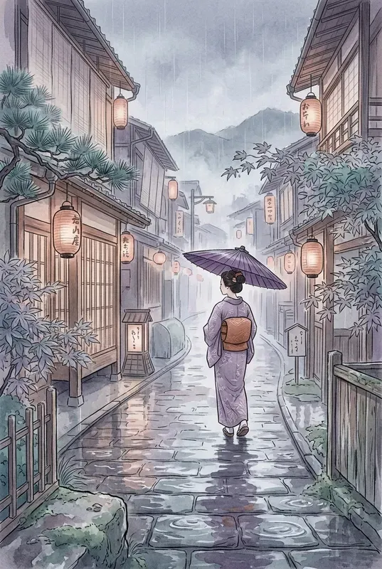 Cinematic Japanese Scene Watercolors