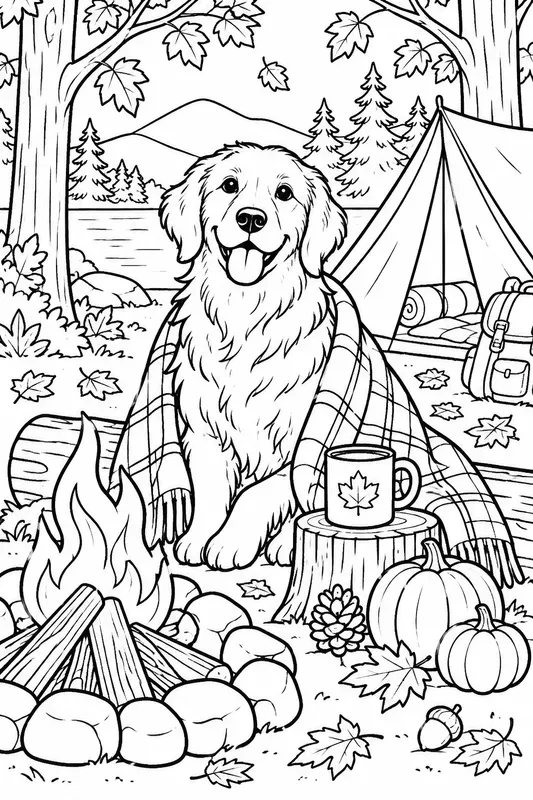 Cozy Fall Camping Dogs Coloring Pages