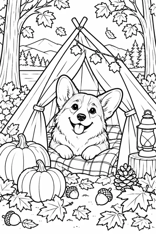 Cozy Fall Camping Dogs Coloring Pages