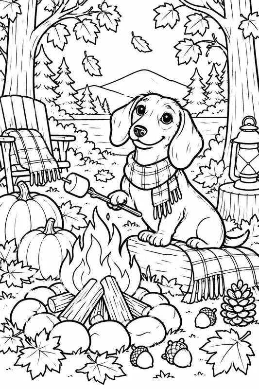 Cozy Fall Camping Dogs Coloring Pages