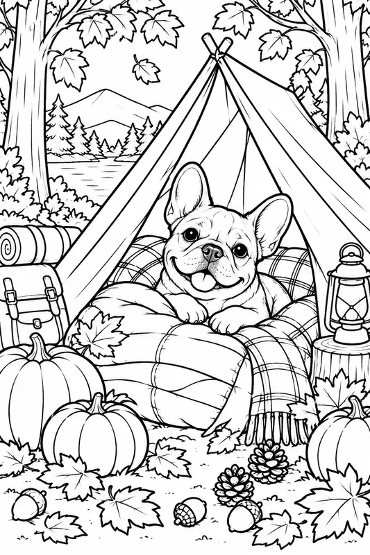 Cozy Fall Camping Dogs Coloring Pages