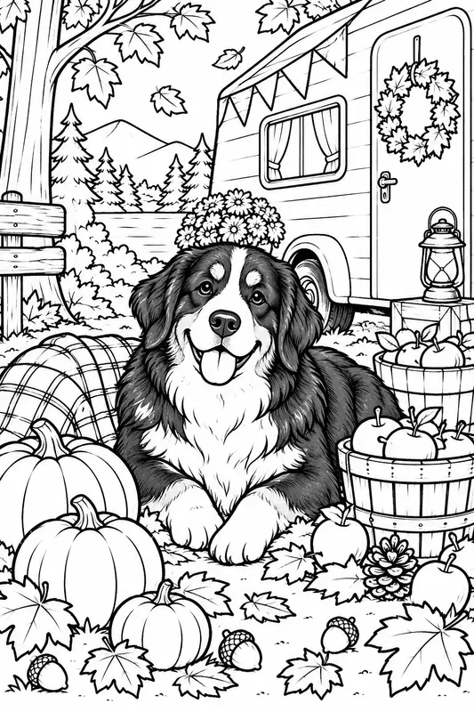 Cozy Fall Camping Dogs Coloring Pages