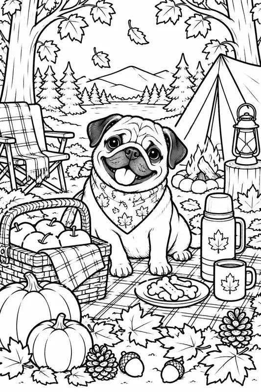 Cozy Fall Camping Dogs Coloring Pages