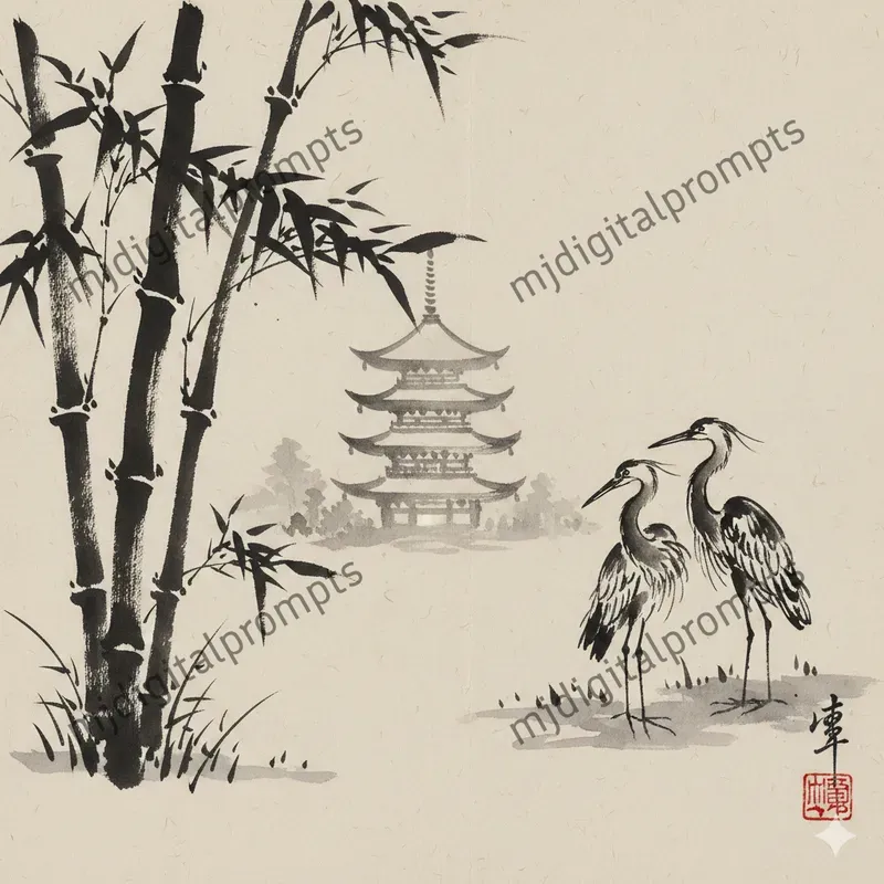 Vintage Ink Art Japanese Painting Style