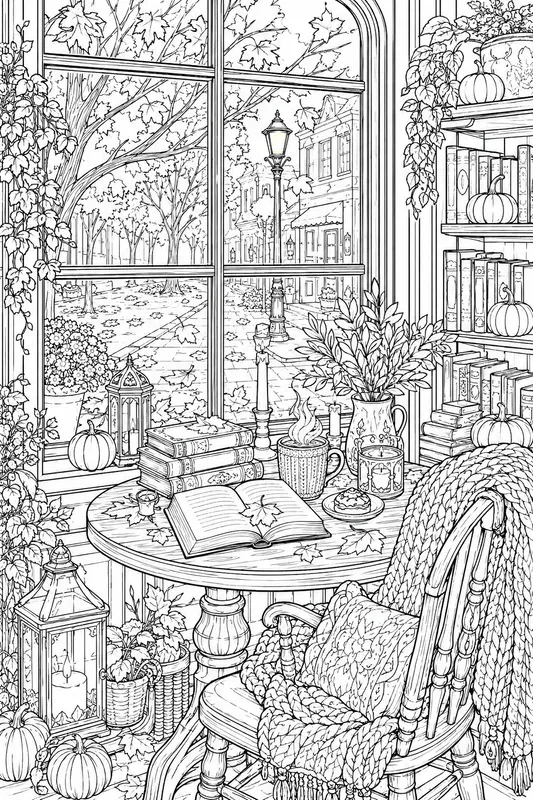 Cozy Autumn Book Cafe Adult Line Art