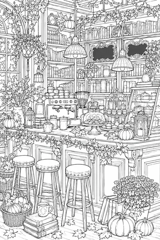 Cozy Autumn Book Cafe Adult Line Art