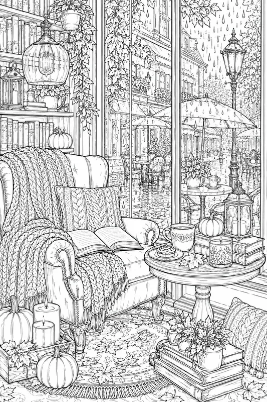 Cozy Autumn Book Cafe Adult Line Art