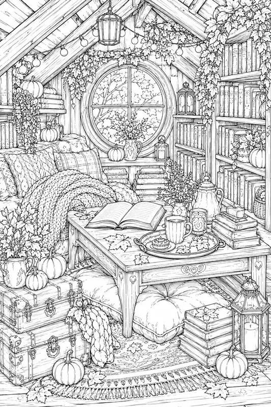 Cozy Autumn Book Cafe Adult Line Art