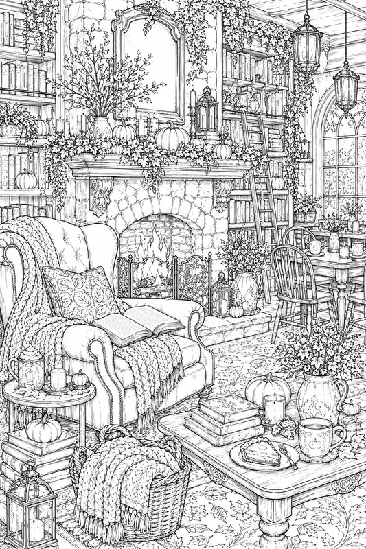 Cozy Autumn Book Cafe Adult Line Art