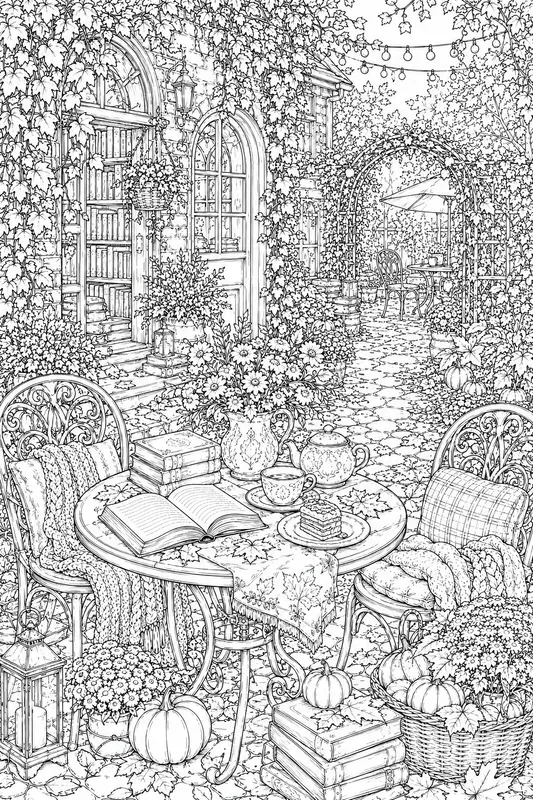 Cozy Autumn Book Cafe Adult Line Art
