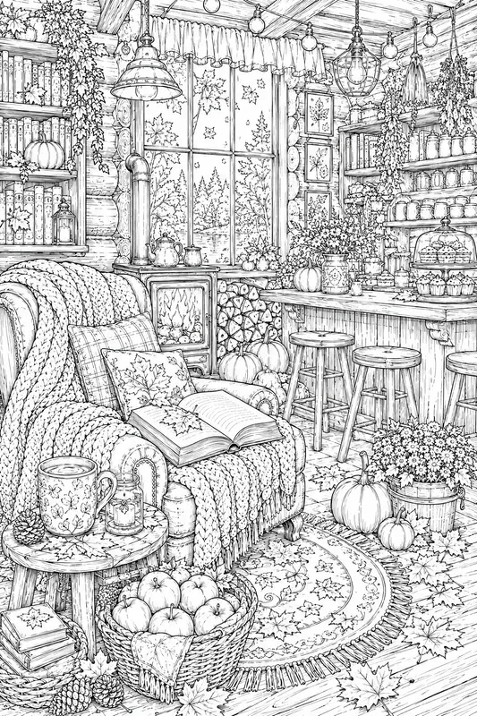 Cozy Autumn Book Cafe Adult Line Art