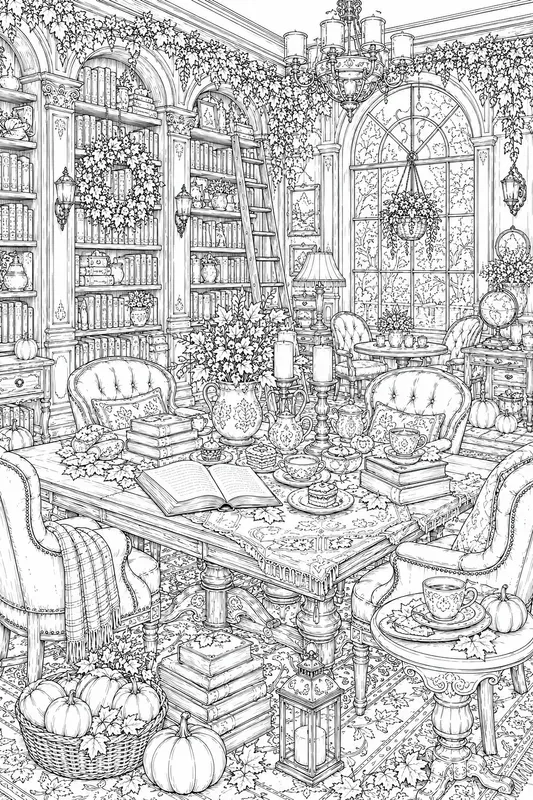 Cozy Autumn Book Cafe Adult Line Art