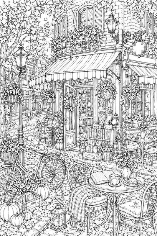 Cozy Autumn Book Cafe Adult Line Art