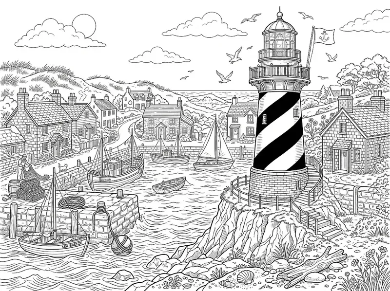 Lighthouse Coastal Town Coloring Pages