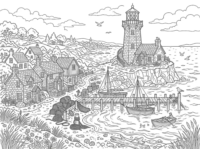 Lighthouse Coastal Town Coloring Pages