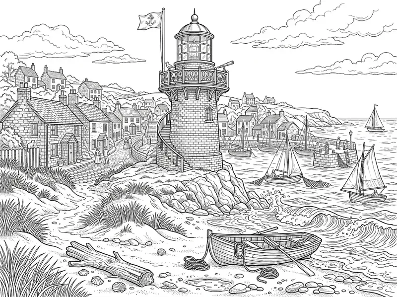 Lighthouse Coastal Town Coloring Pages