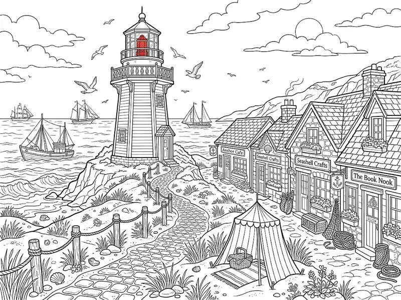 Lighthouse Coastal Town Coloring Pages