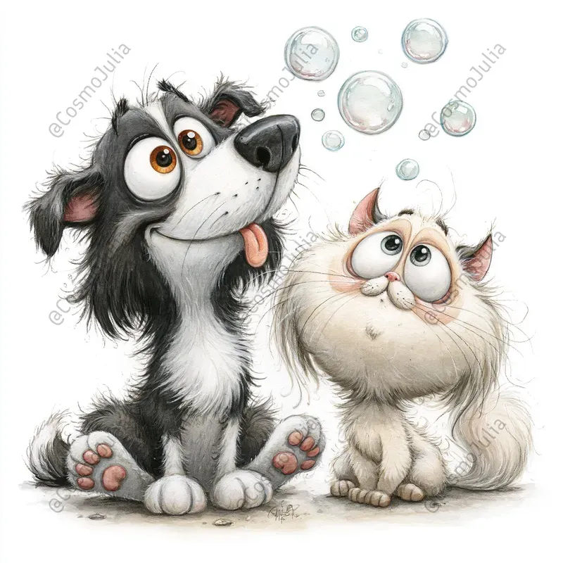 Funny Watercolor Dog And Cat Clipart