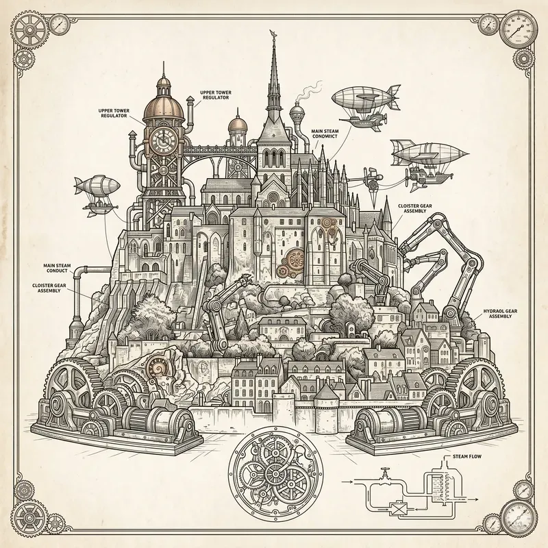 Steampunk Monument Line Art Generator