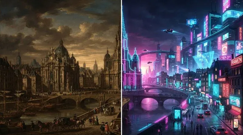 Baroque Vs Cyberpunk Split Art