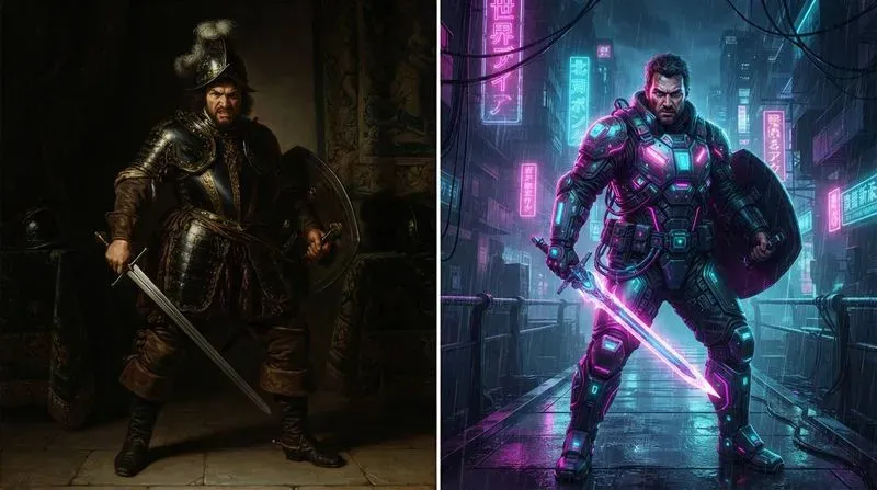 Baroque Vs Cyberpunk Split Art