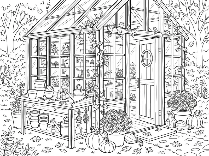 Cozy Autumn Greenhouse Coloring Pages
