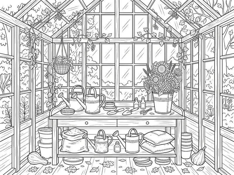 Cozy Autumn Greenhouse Coloring Pages