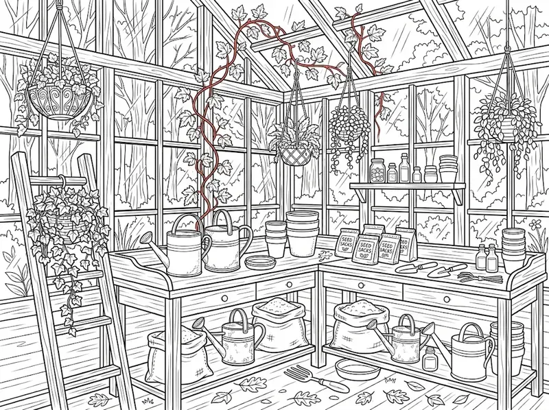 Cozy Autumn Greenhouse Coloring Pages