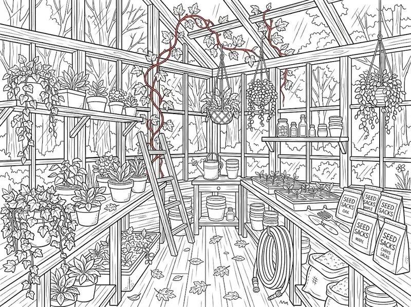 Cozy Autumn Greenhouse Coloring Pages
