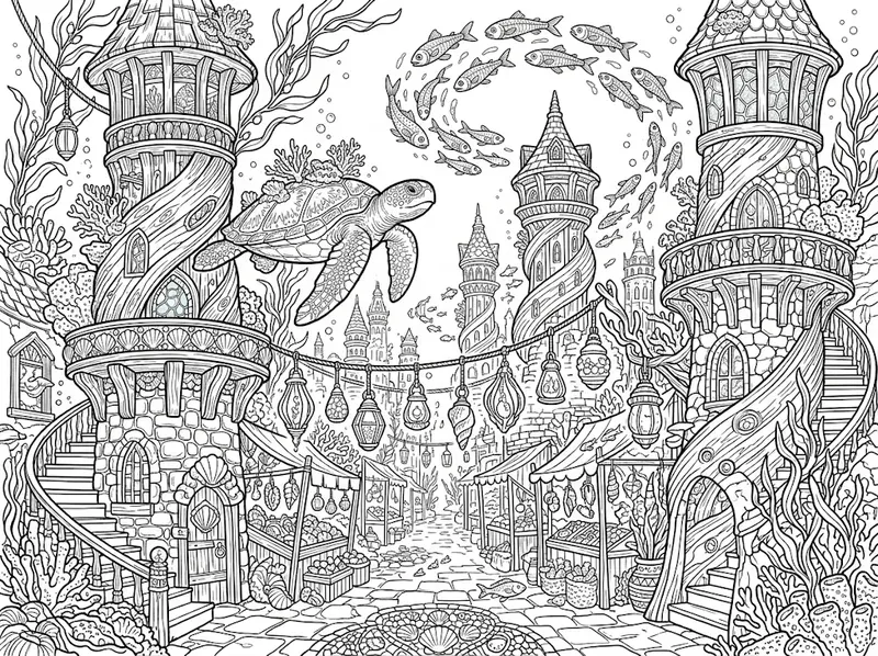 Enchanted Underwater City Coloring Pages