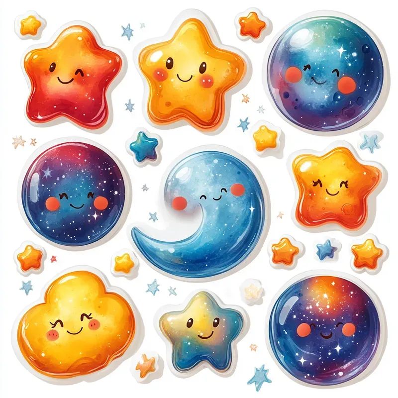 Whimsical Cosmic Sticker Designs