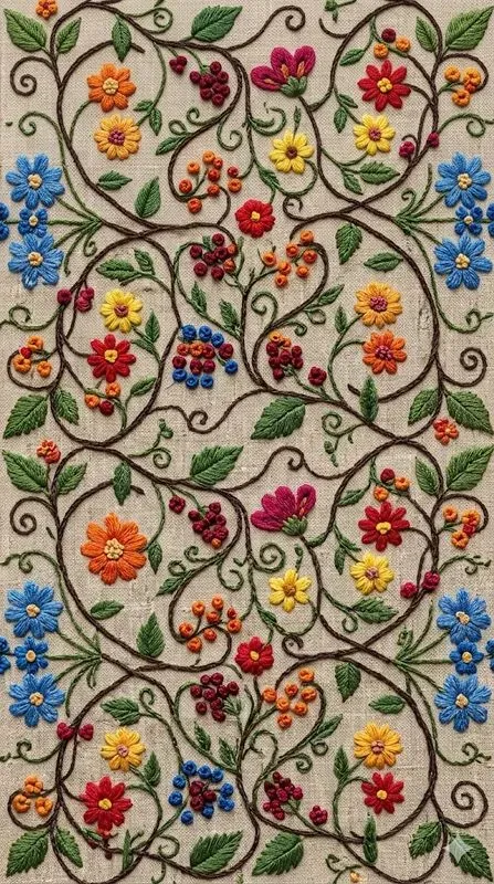 Embroidered Floral Tiles On Linen Fabric