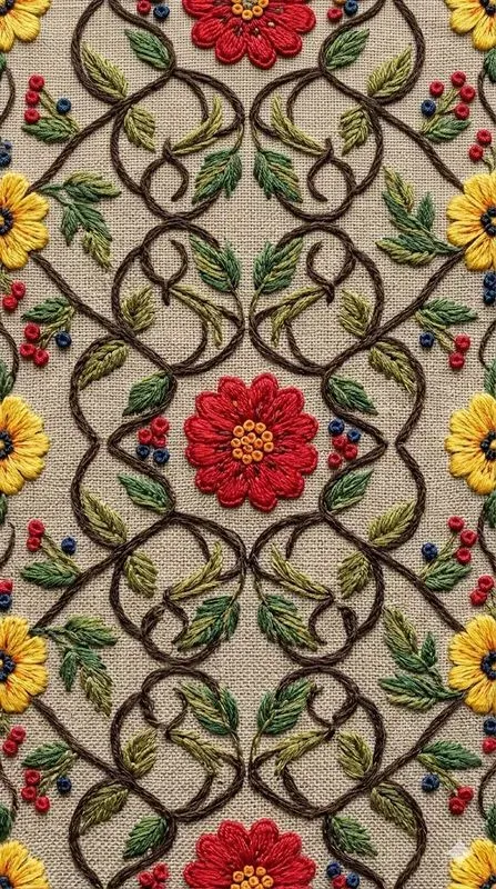 Embroidered Floral Tiles On Linen Fabric