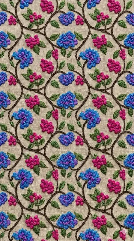 Embroidered Floral Tiles On Linen Fabric