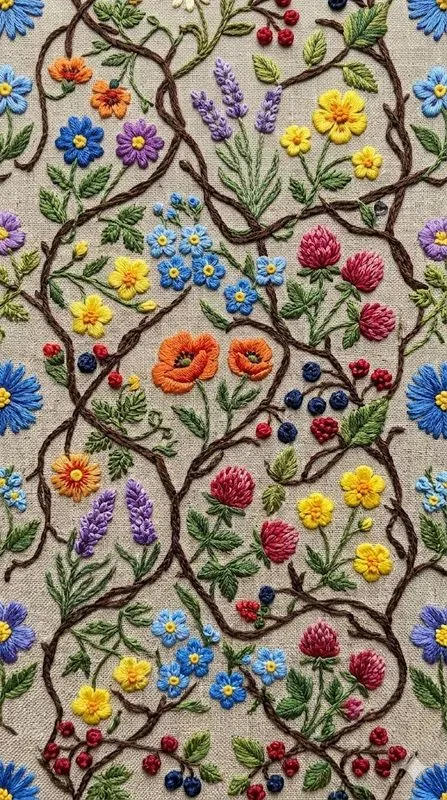 Embroidered Floral Tiles On Linen Fabric