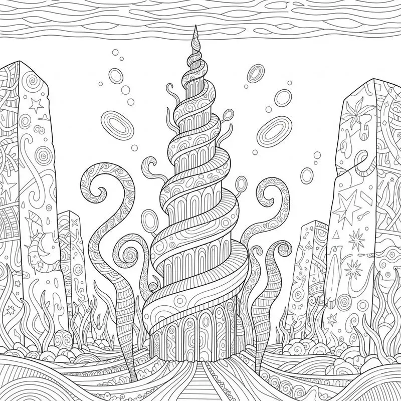 Surreal Underwater City Coloring Art
