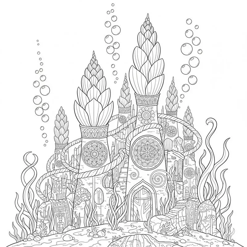 Surreal Underwater City Coloring Art