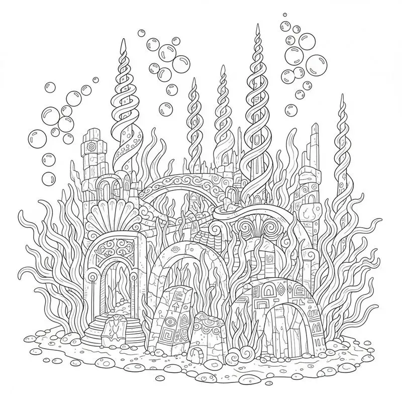 Surreal Underwater City Coloring Art