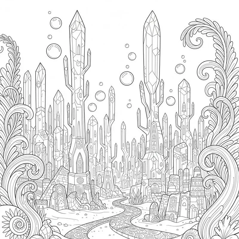 Surreal Underwater City Coloring Art