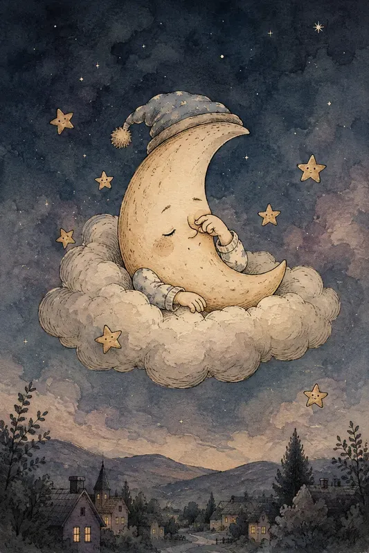 Sleepy Moon Ink Wash Storybook Art