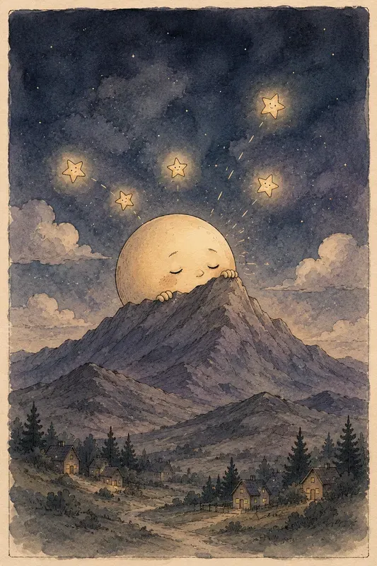 Sleepy Moon Ink Wash Storybook Art