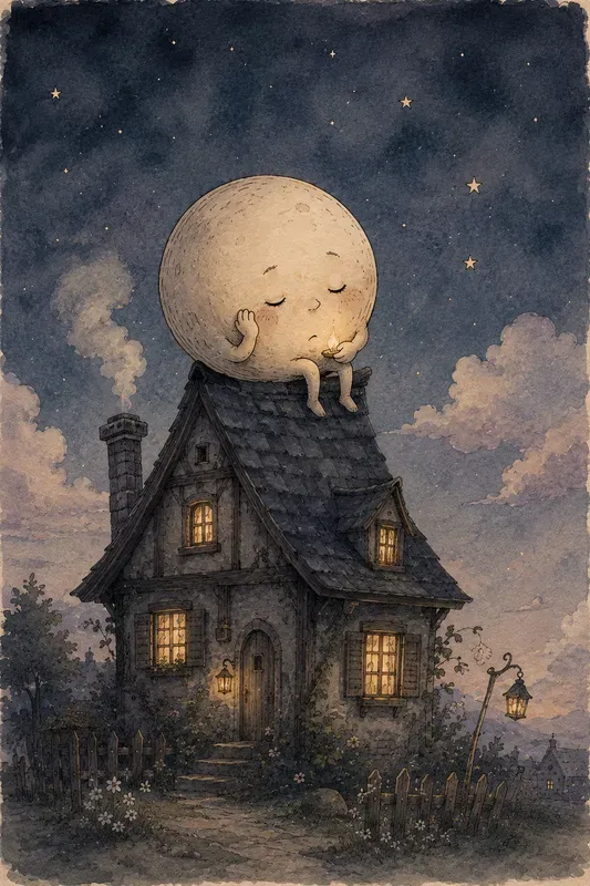 Sleepy Moon Ink Wash Storybook Art