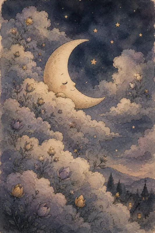 Sleepy Moon Ink Wash Storybook Art