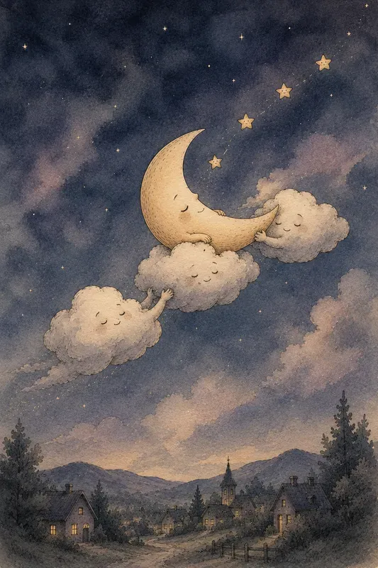 Sleepy Moon Ink Wash Storybook Art