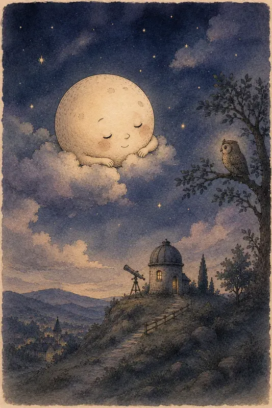 Sleepy Moon Ink Wash Storybook Art