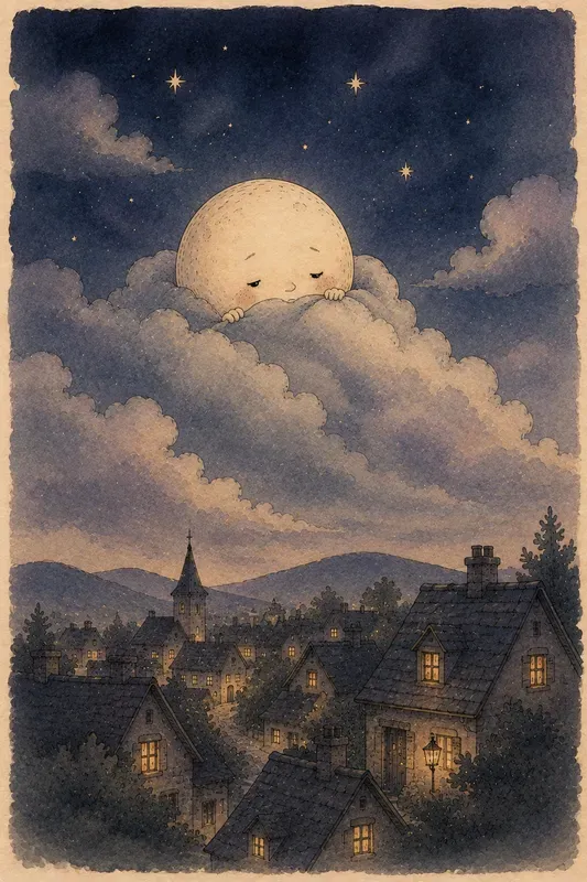 Sleepy Moon Ink Wash Storybook Art